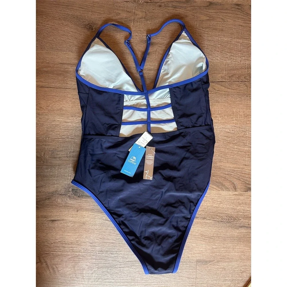 CUPSHE One Piece Swimsuit Womens Size L Navy Blue V-Neck High Cut
